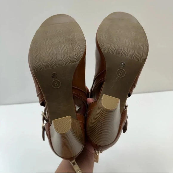 Liz‎ Claiborne Peek Toe Genesis Shoes Open Toe With Buckle Women’s Size 8 Cognac - Picture 5 of 10